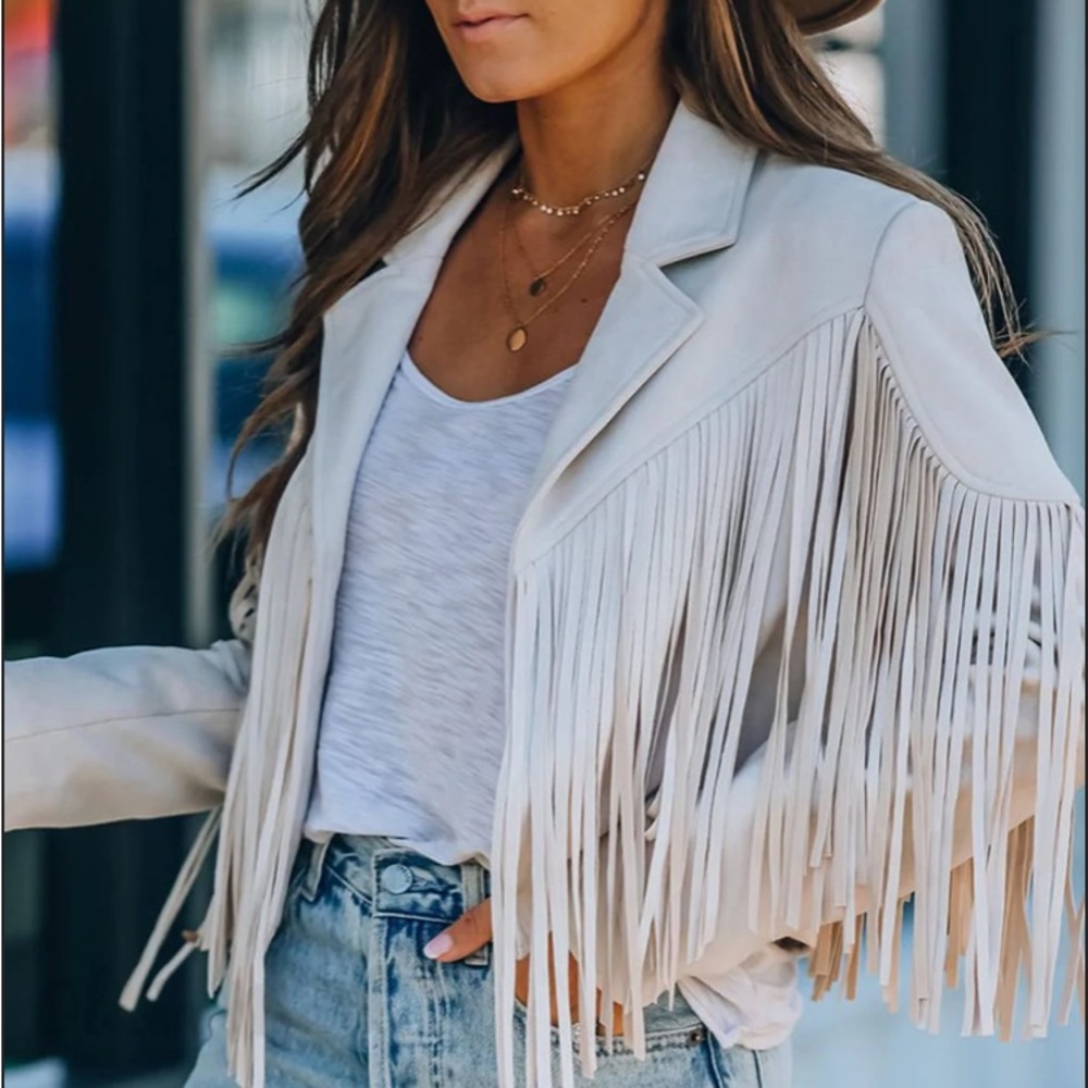 boho tassel women faux suede fringe jacket blazer - Picture 4 of 5